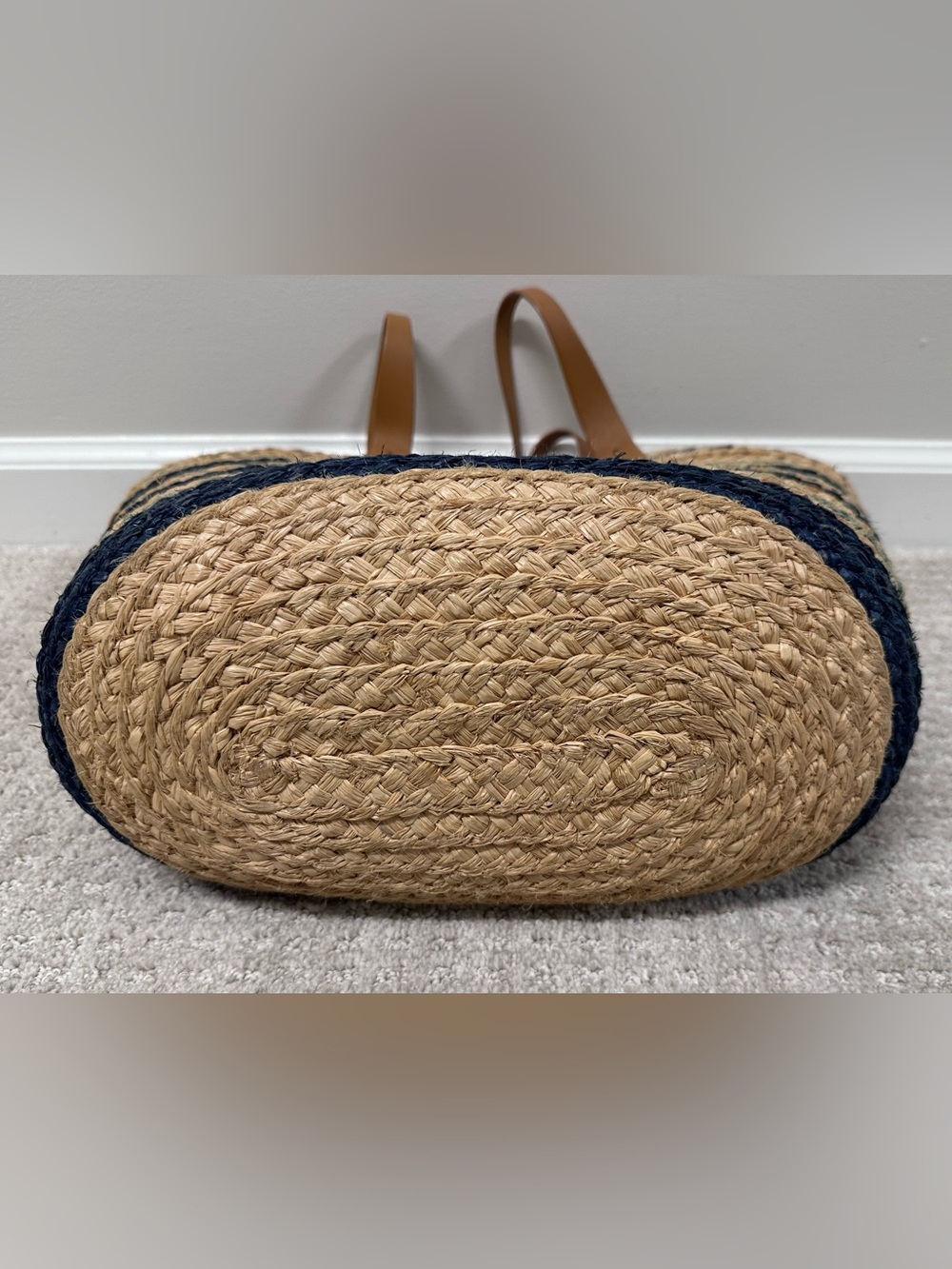 Tory Burch Multicolor Striped Straw Tote with Chestnut Leather Trim - Picture 3 of 3